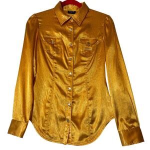 NWT Coogi Women's Size Small Gold Shiny Snap Front Pockets Logo Shirt